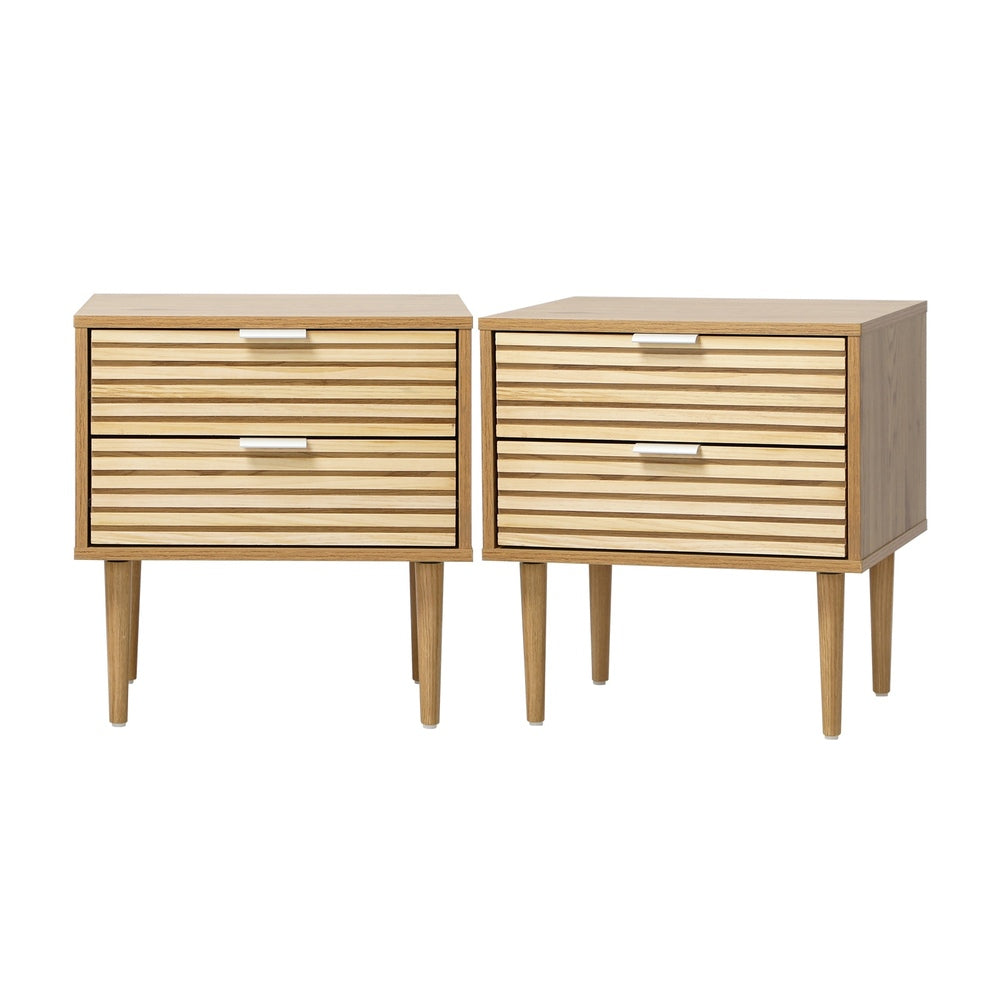 Oikiture Bedside Tables Set of 2 – Natural 2‑Drawer Nightstands with Metal Handles