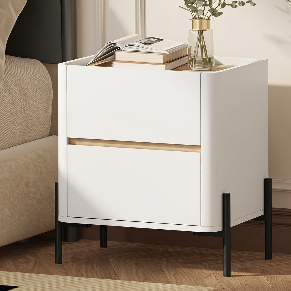 Oikiture Bedside Table 2 Drawer Nightstand Handle-Free White