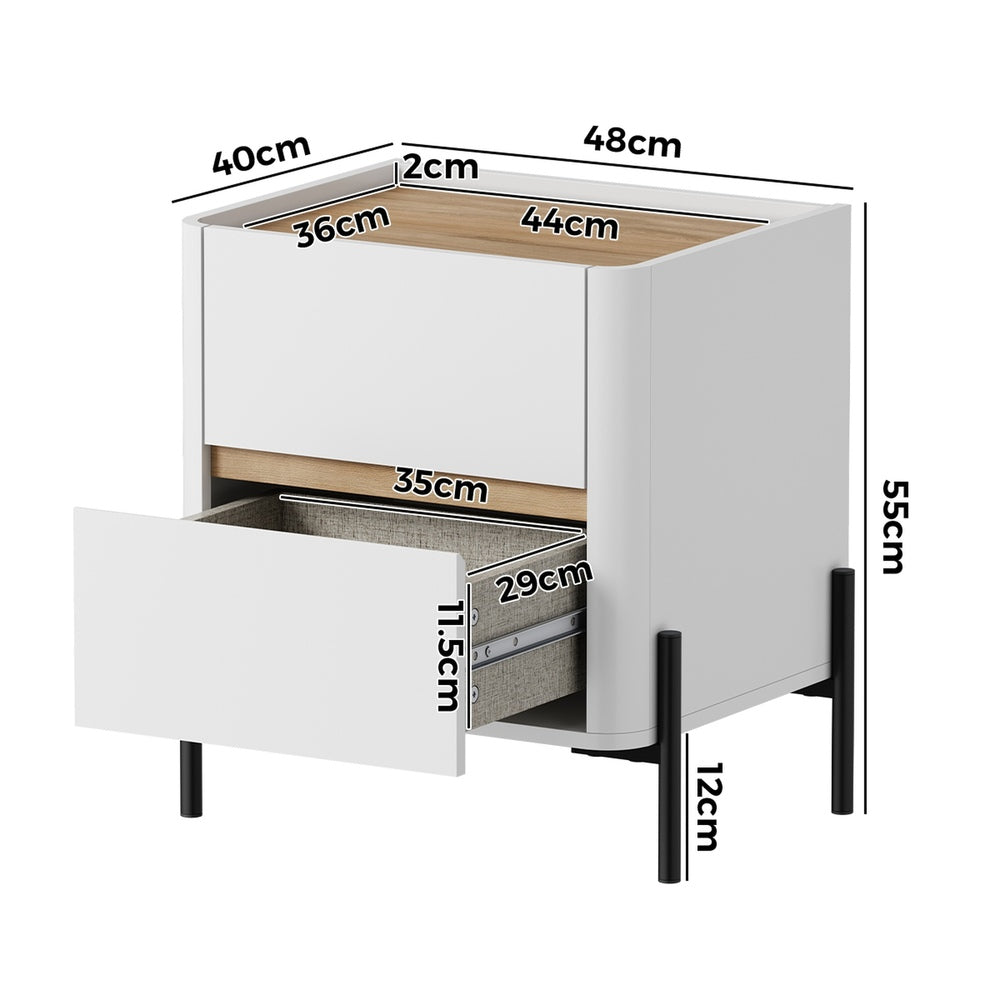 Oikiture Bedside Table 2 Drawer Nightstand Handle-Free White