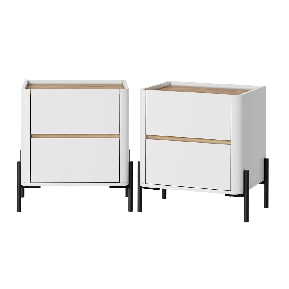 Oikiture 2PC Bedside Table 2 Drawer Nightstand Handle-Free White