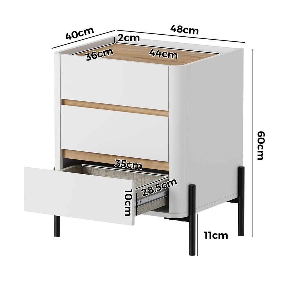 Oikiture Bedside Table 3 Drawer Nightstand Handle-Free White
