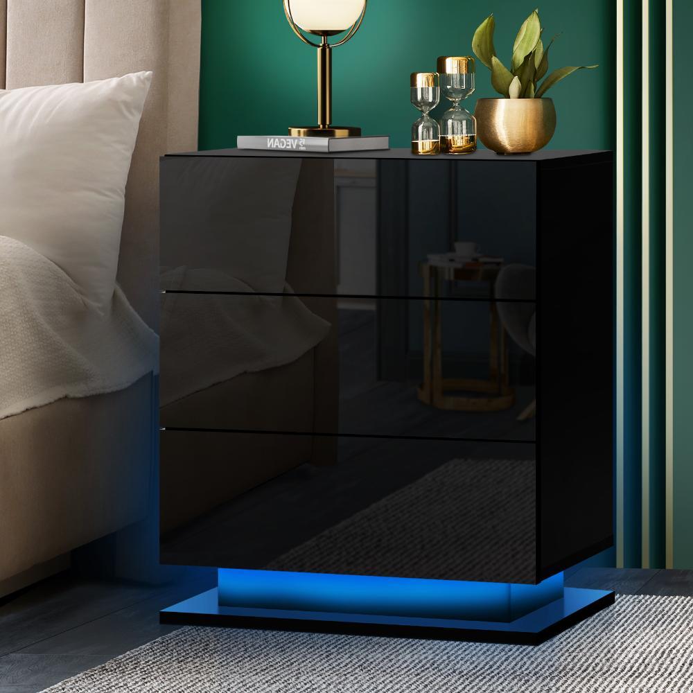 LED Bedside Table RGB 3 Drawers Black