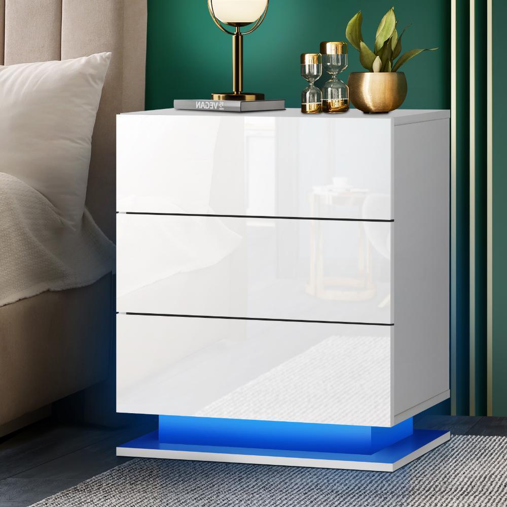 LED Bedside Table RGB 3 Drawers White