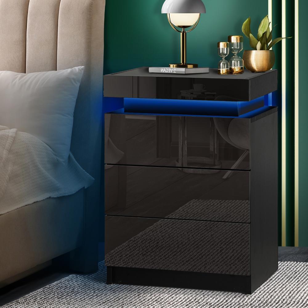 Bedside Table RGB LED 3 Drawers Black