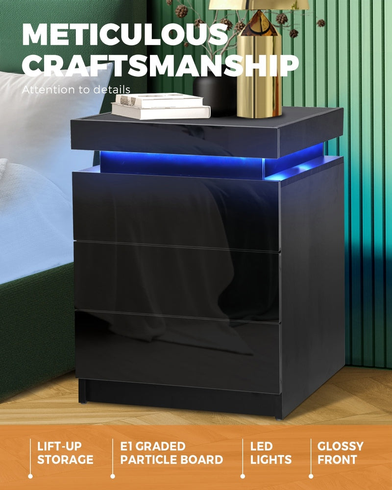 Bedside Tables Set of 2 LED Nightstand Black
