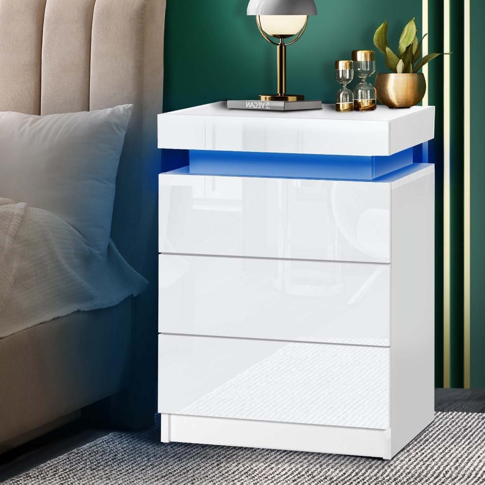 Bedside Table RGB LED 3 Drawers White