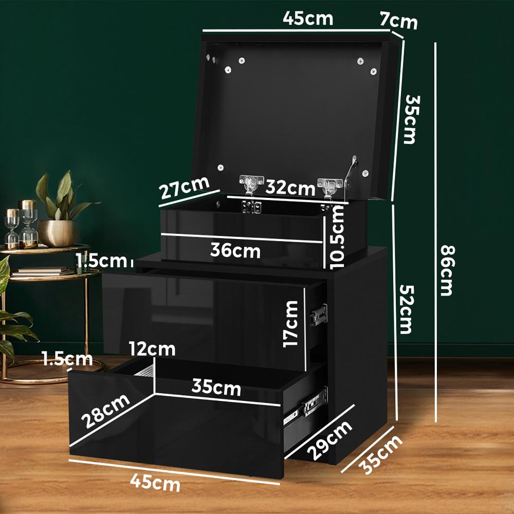 Bedside Table RGB LED 2 Drawers Black