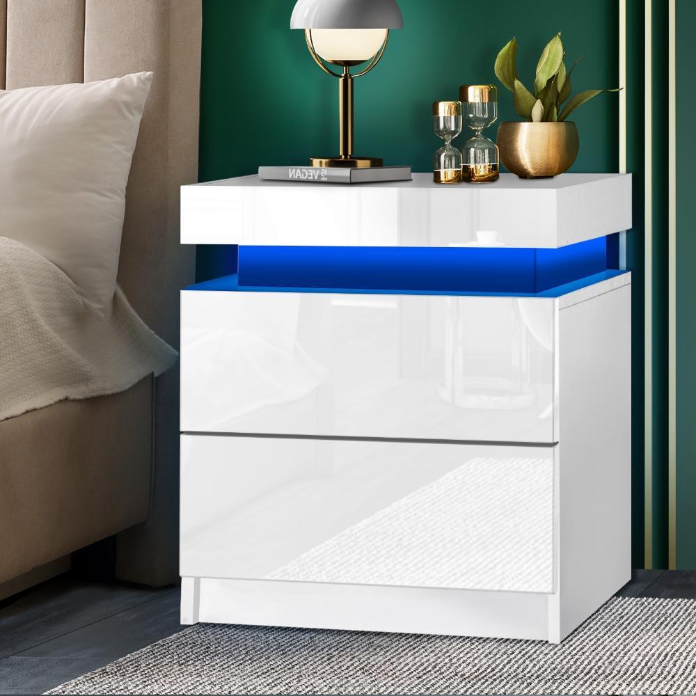 Bedside Table RGB LED 2 Drawers White