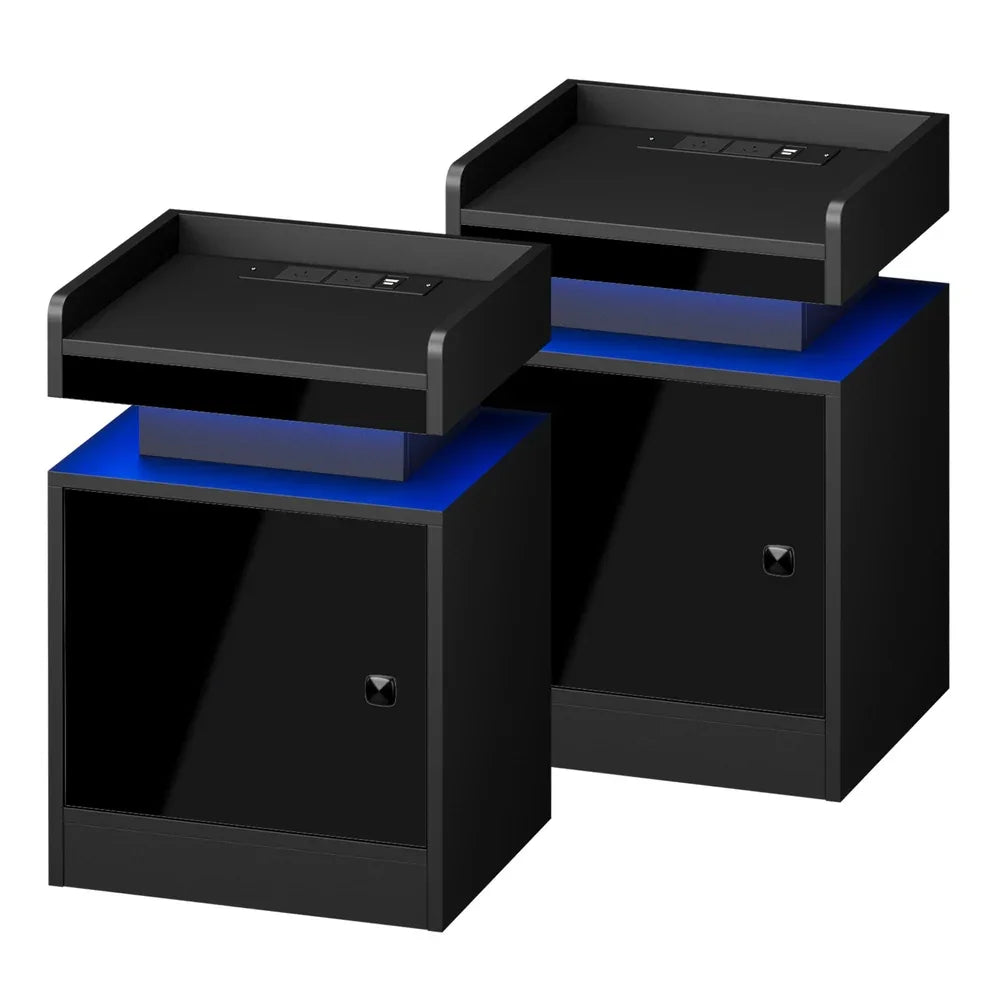 Oikiture 2x LED Bedside Table USB Charging Station Black