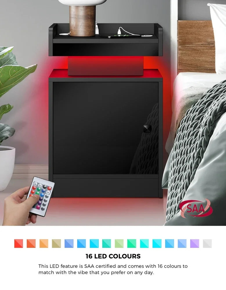 2x LED Bedside Table USB Charging Station Black
