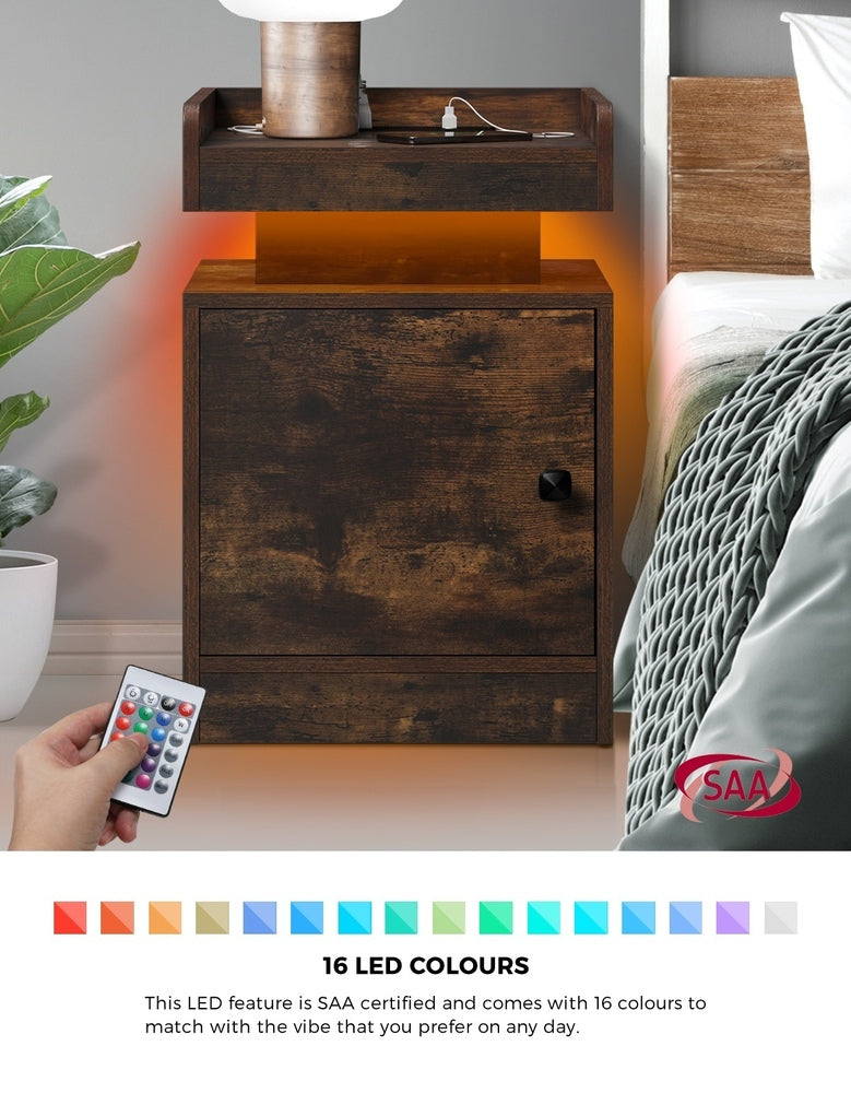 LED Bedside Table USB Charging Station Brown