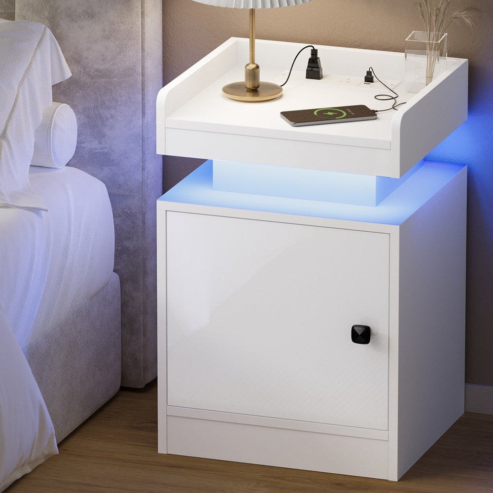 Oikiture LED Bedside Table USB Charging Station White