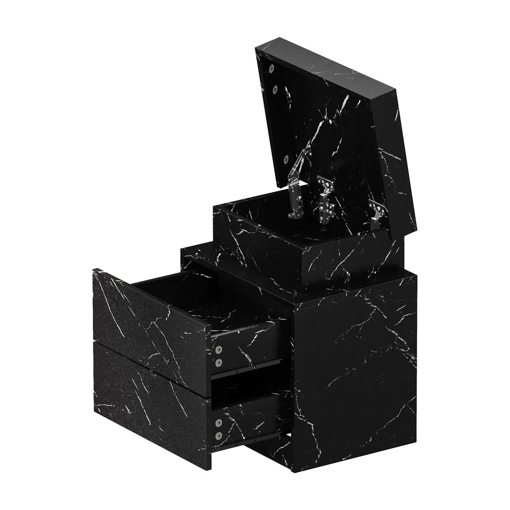 Bedside Table 2 Drawers LED Nightstand Marble Effect Black