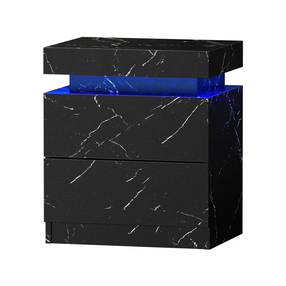 2x Bedside Table 2 Drawers LED Nightstand Marble Effect Black
