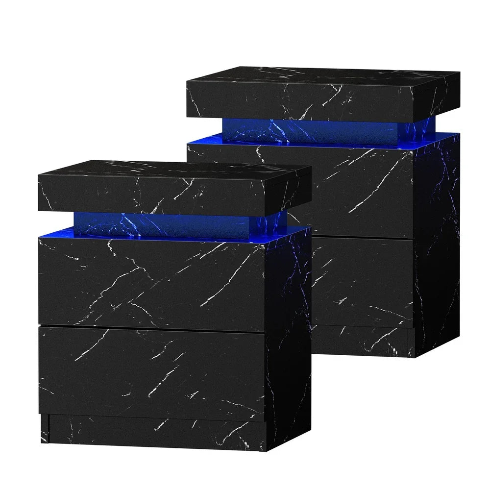 Oikiture 2x Bedside Table 2 Drawers LED Nightstand Marble Effect Black