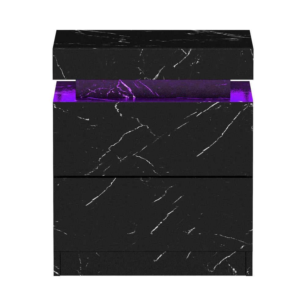 Oikiture 2x Bedside Table 2 Drawers LED Nightstand Marble Effect Black