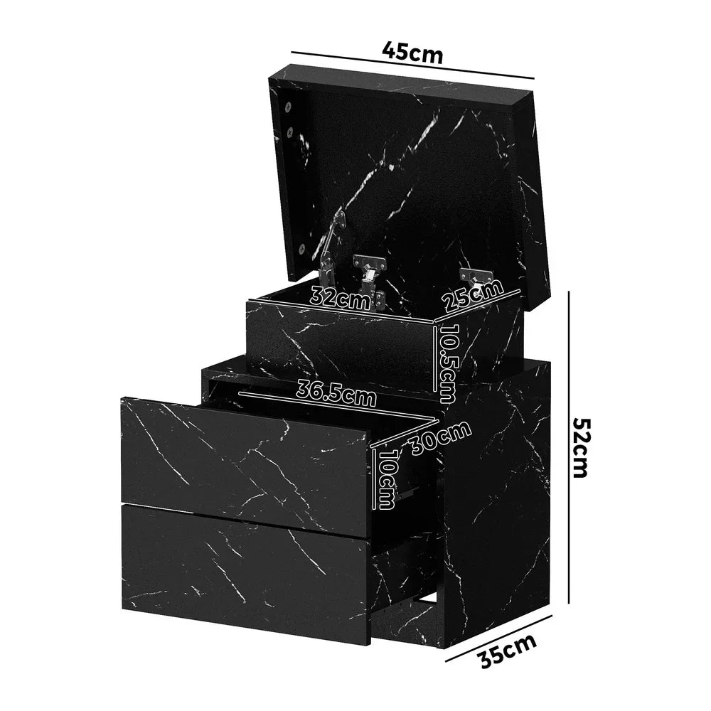 2x Bedside Table 2 Drawers LED Nightstand Marble Effect Black