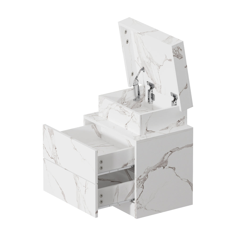 Bedside Table 2 Drawers LED Nightstand Marble Effect White