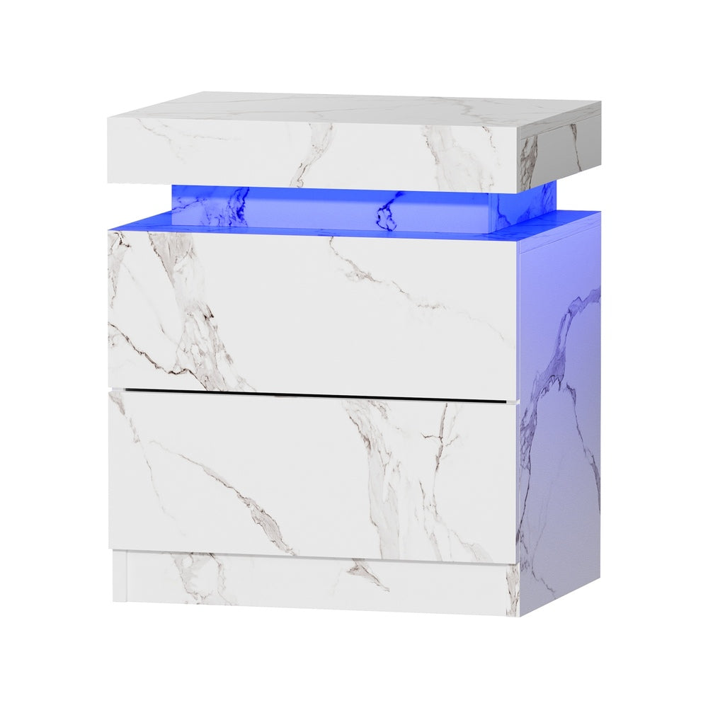 2x Bedside Table 2 Drawers LED Nightstand Marble Effect White