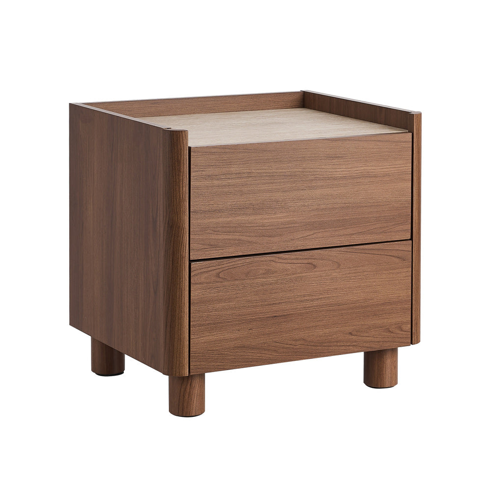 Oikiture Bedside Table 2 Drawer Nightstand Handle-Free Storage Walnut