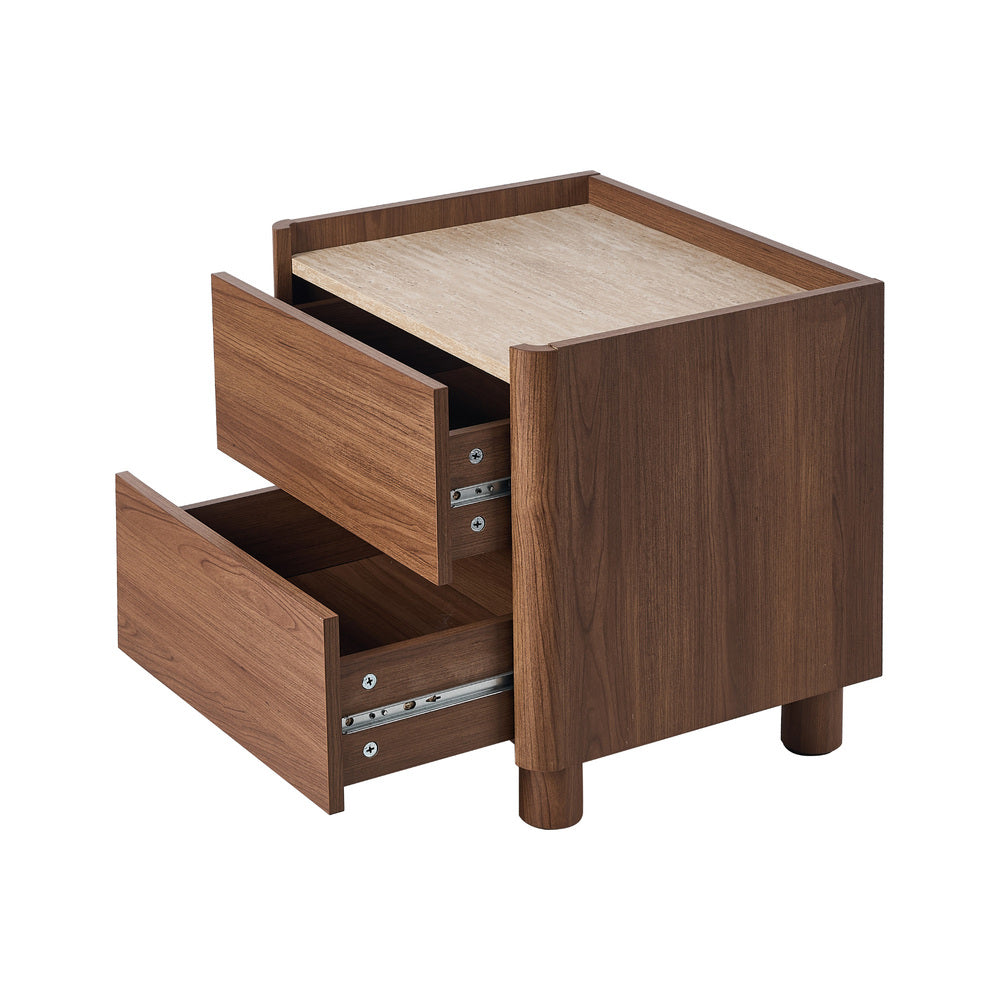 Oikiture Bedside Table 2 Drawer Nightstand Handle-Free Storage Walnut