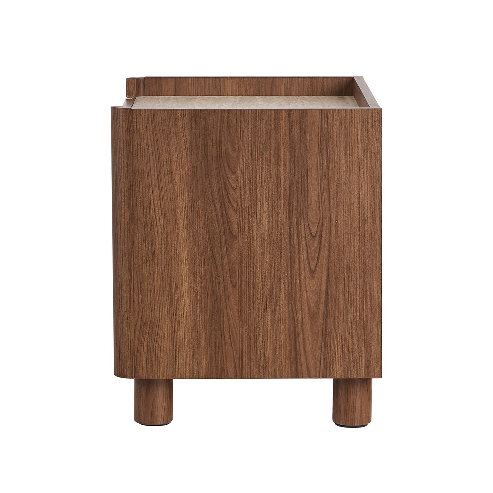 Oikiture Bedside Table 2 Drawer Nightstand Handle-Free Storage Walnut