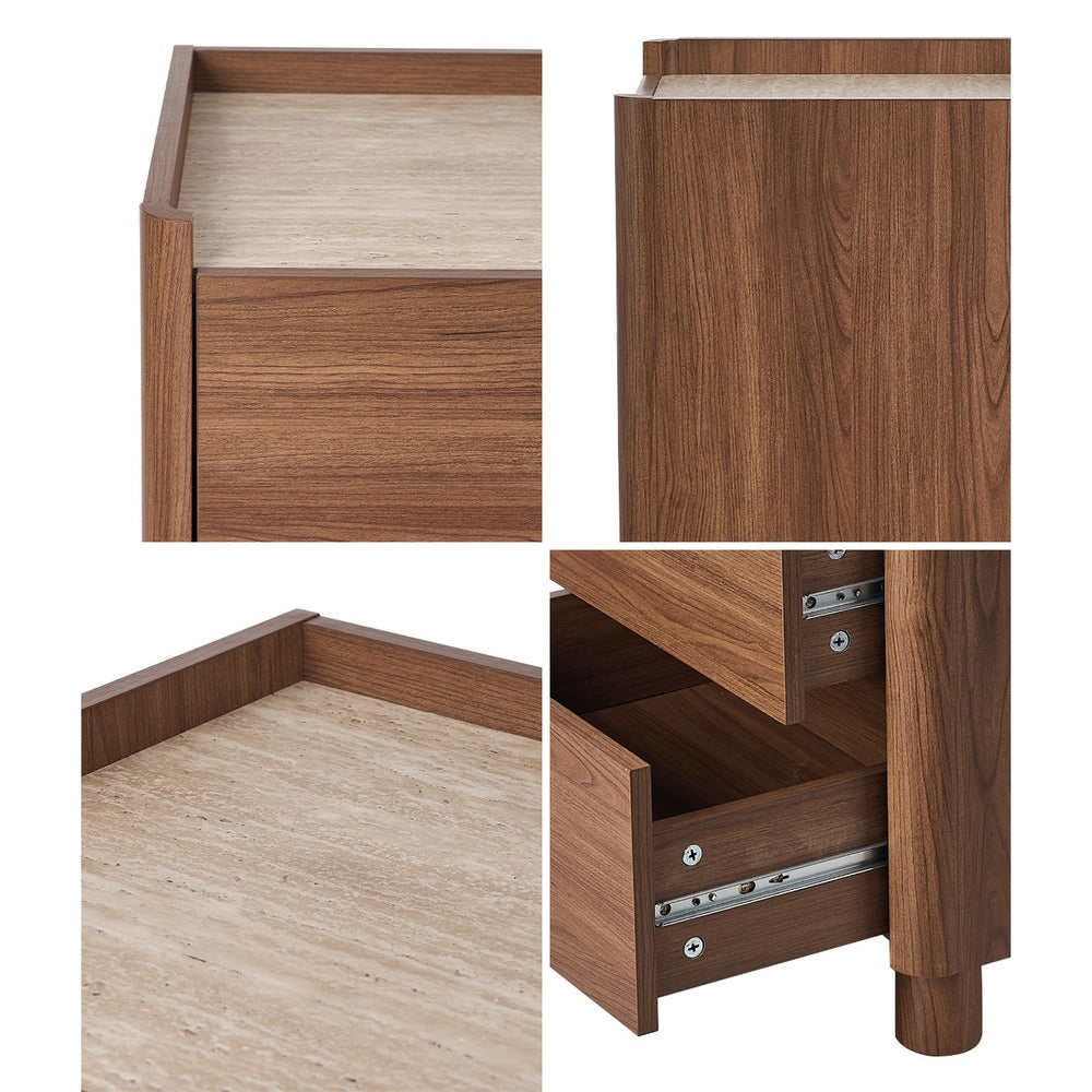 Oikiture Bedside Table 2 Drawer Nightstand Handle-Free Storage Walnut