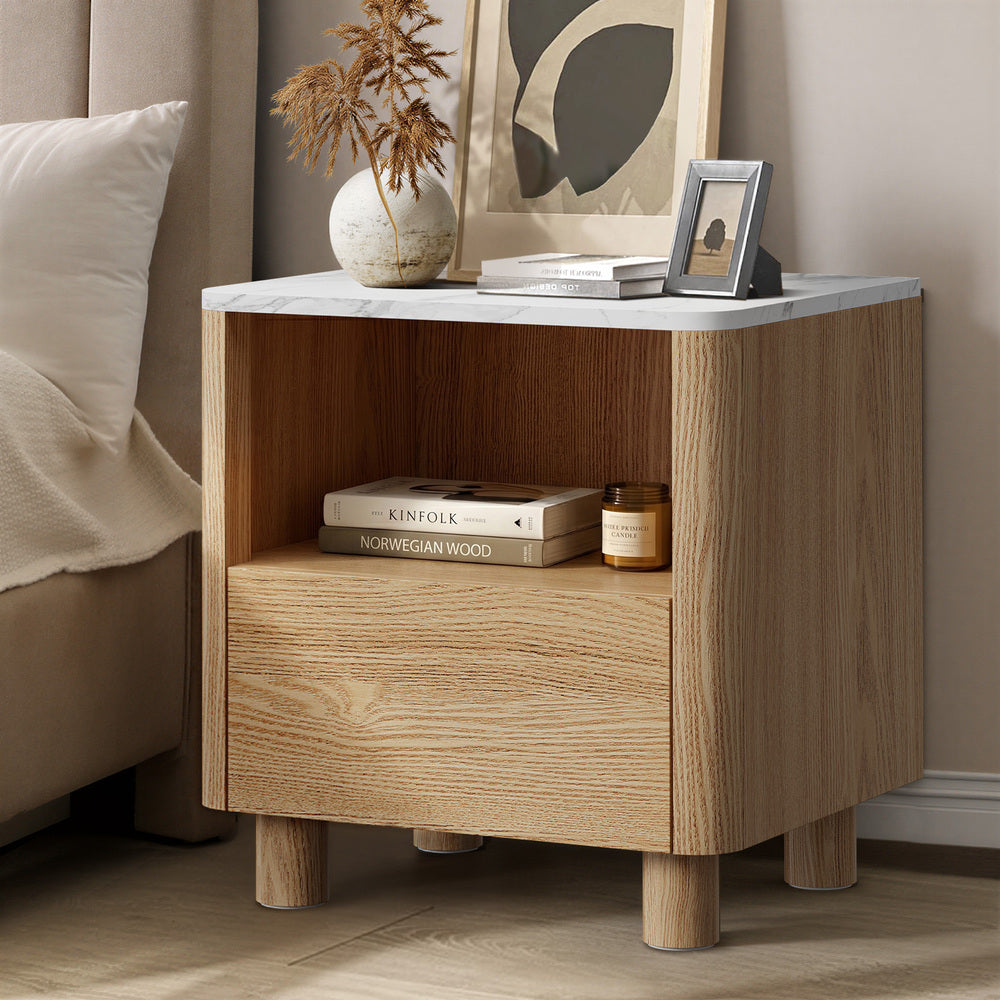 Oikiture Bedside Table One Drawer Open Shelf Handle-Free Natural