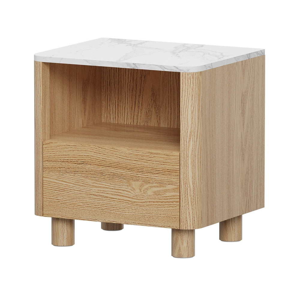 Bedside Table, 1 Drawer with Open Shelf, Handle-Free Design, Natural Wood