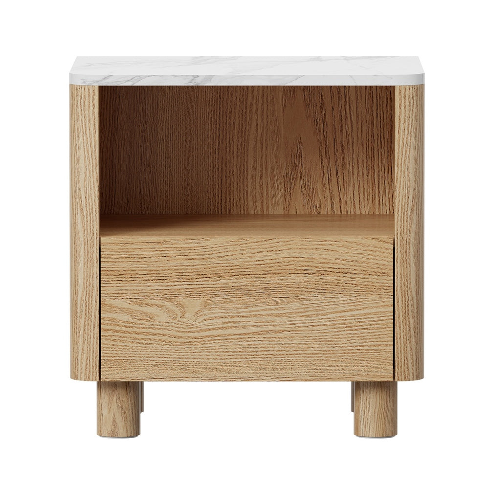 Oikiture Bedside Table One Drawer Open Shelf Handle-Free Natural