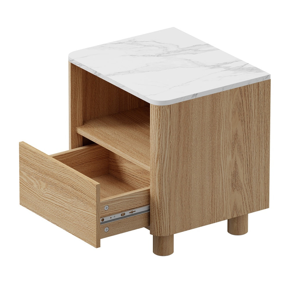 Oikiture Bedside Table One Drawer Open Shelf Handle-Free Natural