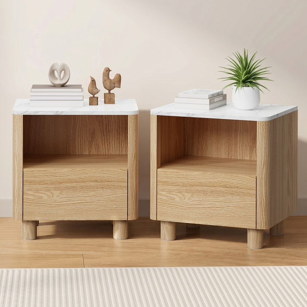Oikiture 2pc Bedside Table One Drawer Open Shelf Handle-Free Natural