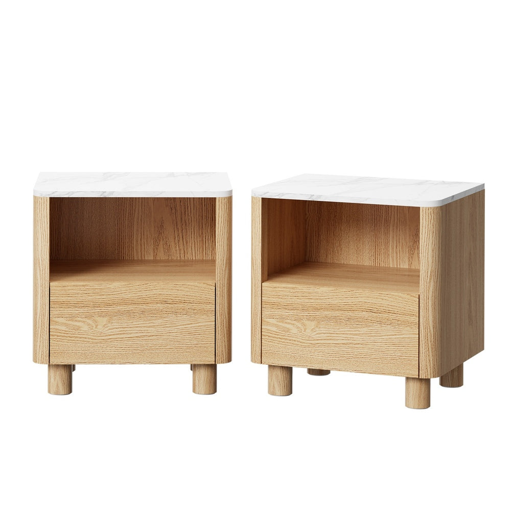 Oikiture 2pc Bedside Table One Drawer Open Shelf Handle-Free Natural