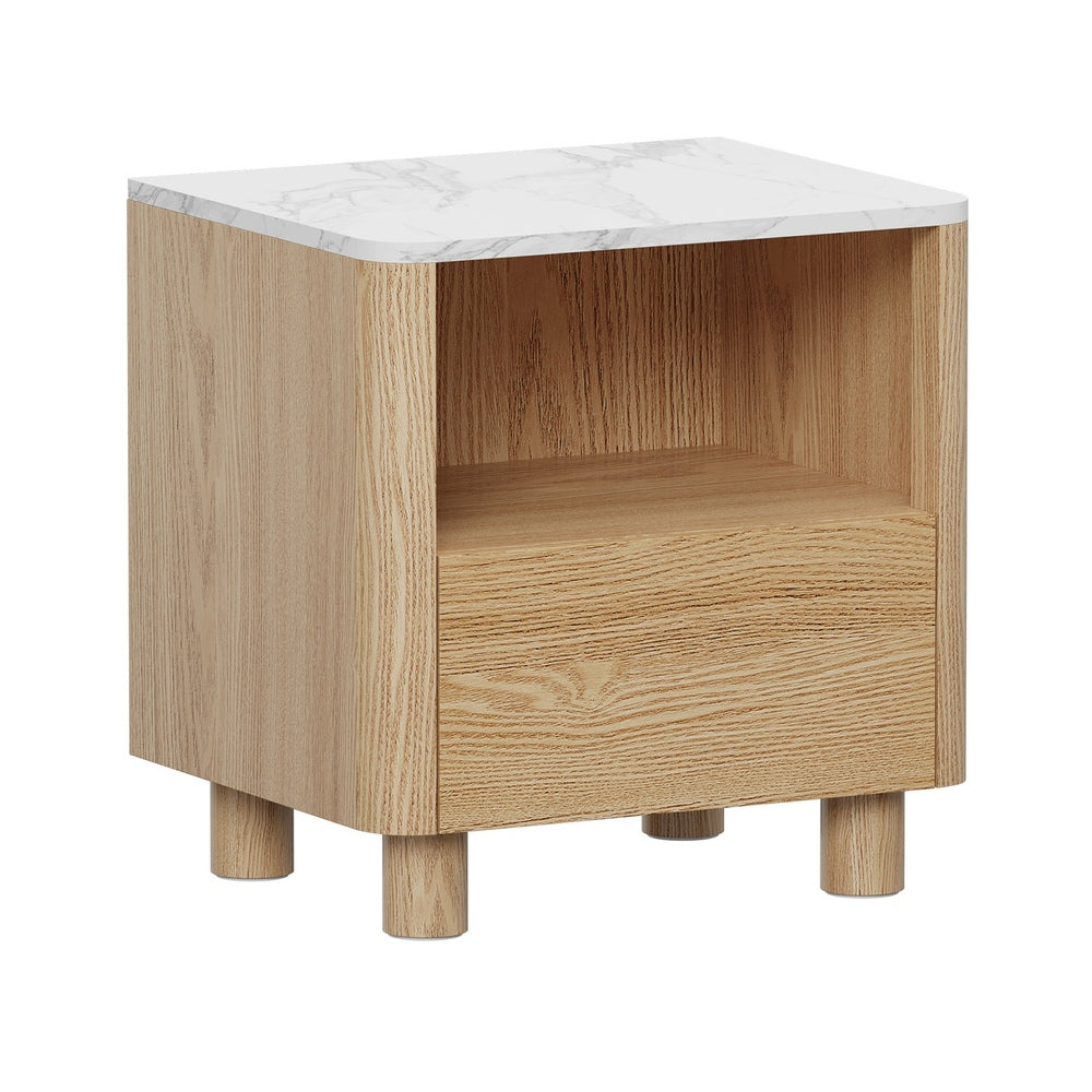 Bedside Table, 1 Drawer with Open Shelf, Handle-Free Design, Natural Wood
