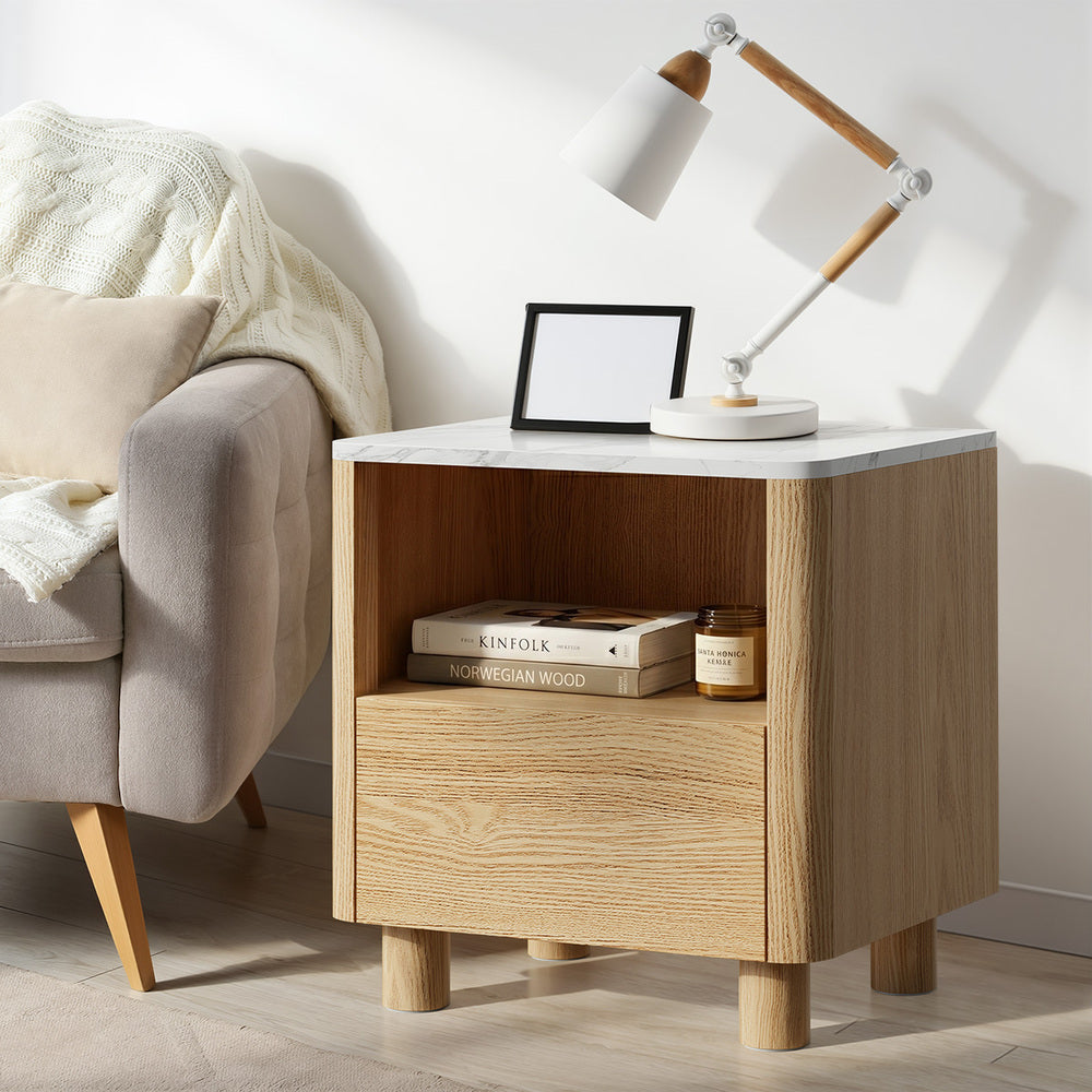 Oikiture 2pc Bedside Table One Drawer Open Shelf Handle-Free Natural