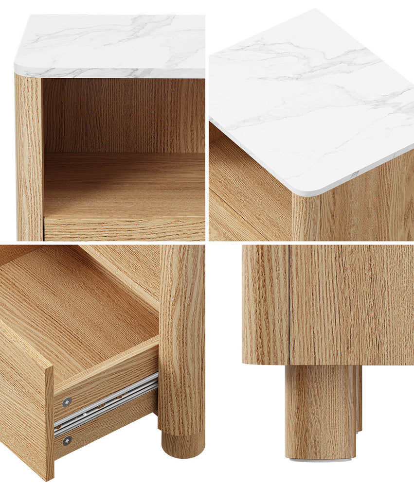 Oikiture 2pc Bedside Table One Drawer Open Shelf Handle-Free Natural