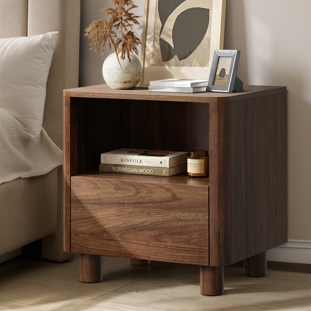 Oikiture 2pc Bedside Table One Drawer Open Shelf Handle-Free Walnut