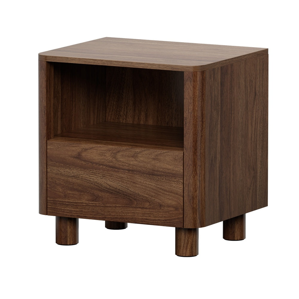Bedside Table One Drawer Open Shelf Handle-Free Walnut