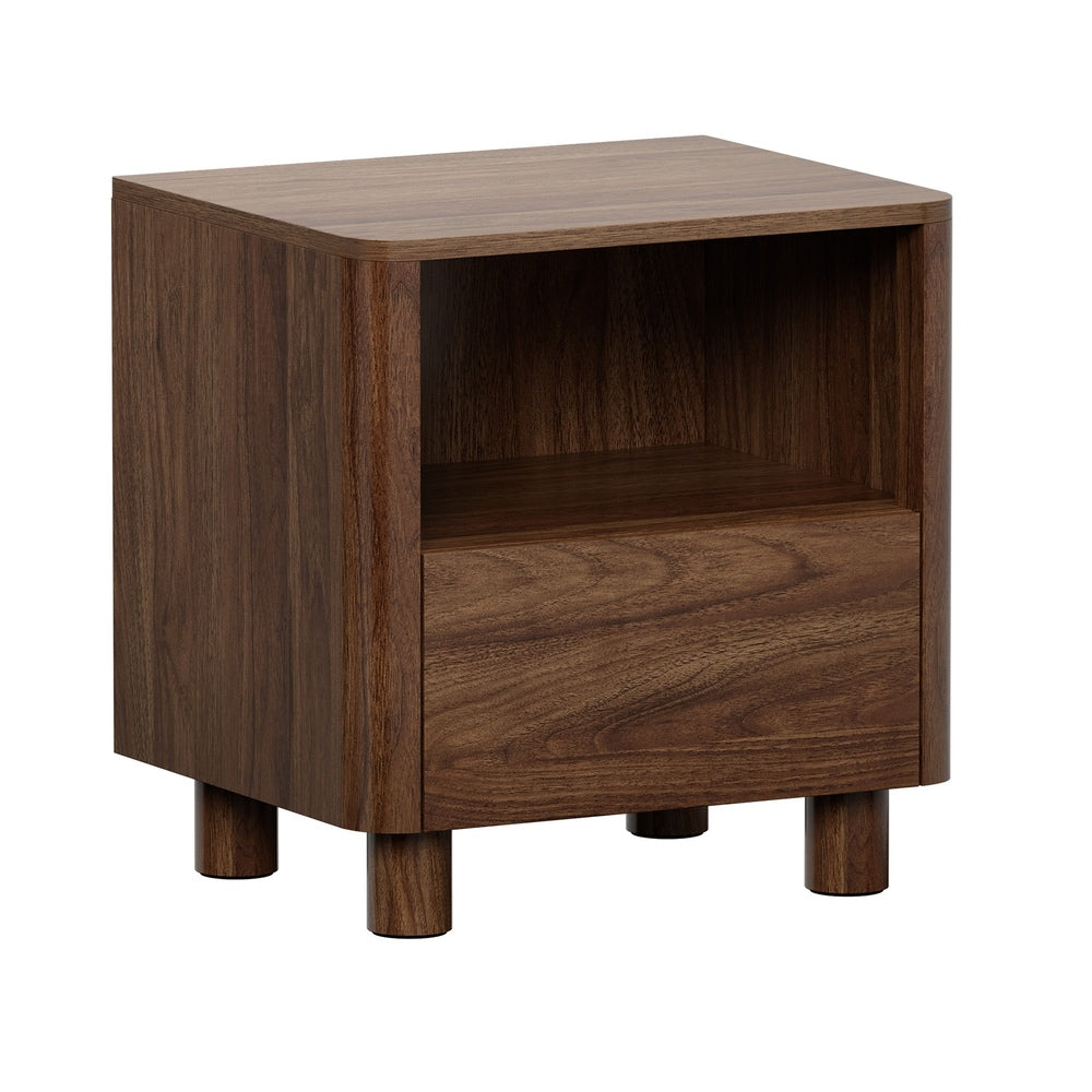 2pc Bedside Table One Drawer Open Shelf Handle-Free Walnut