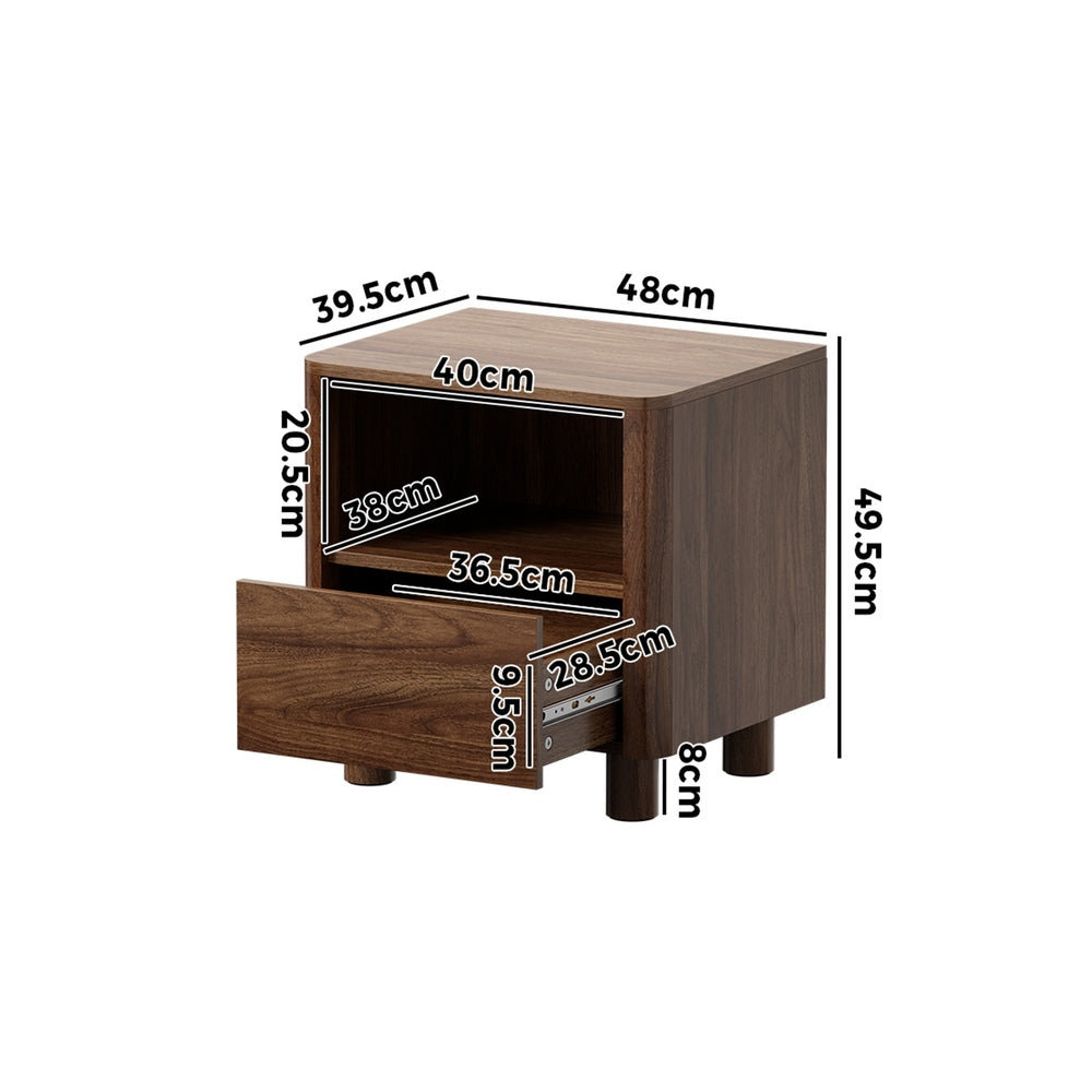 Oikiture 2pc Bedside Table One Drawer Open Shelf Handle-Free Walnut