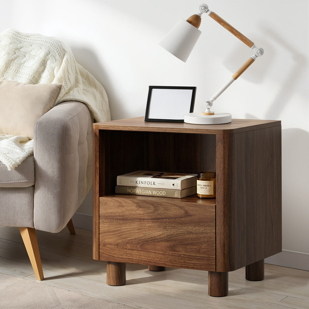 2pc Bedside Table One Drawer Open Shelf Handle-Free Walnut