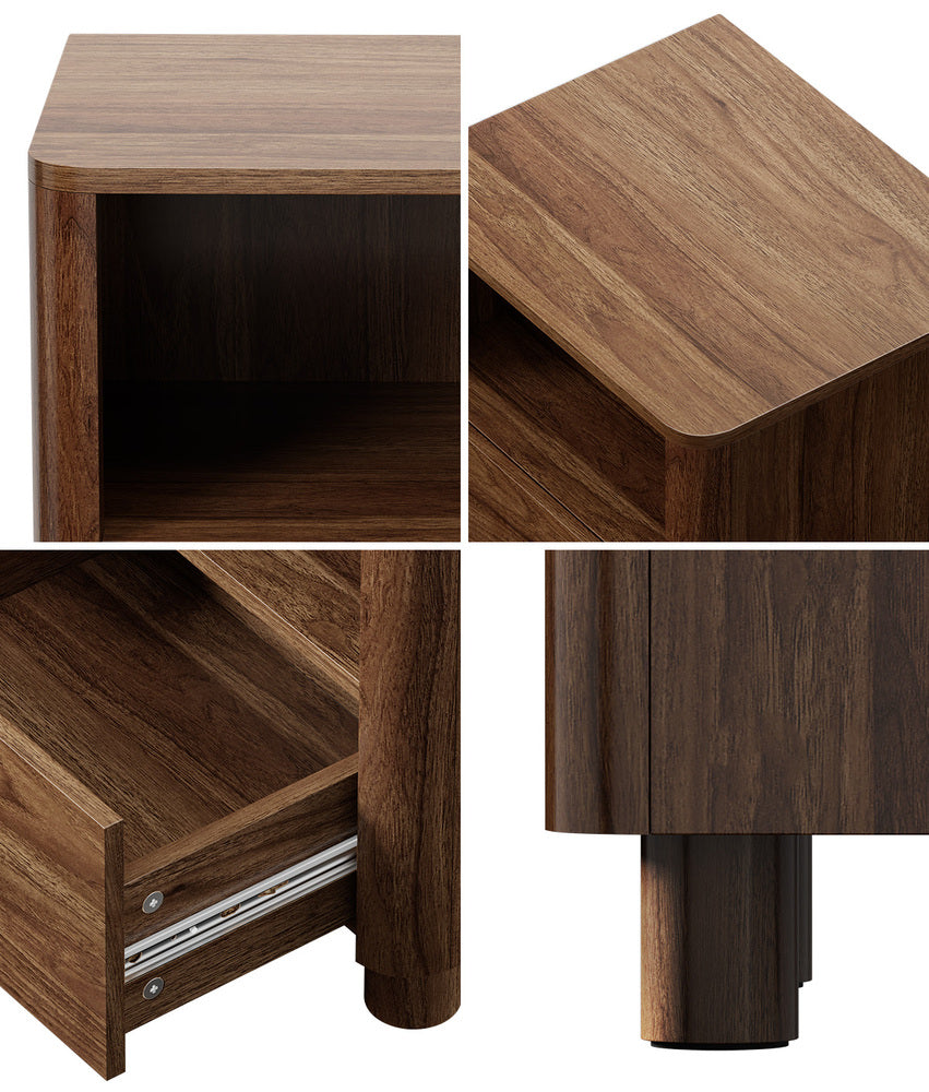 2pc Bedside Table One Drawer Open Shelf Handle-Free Walnut