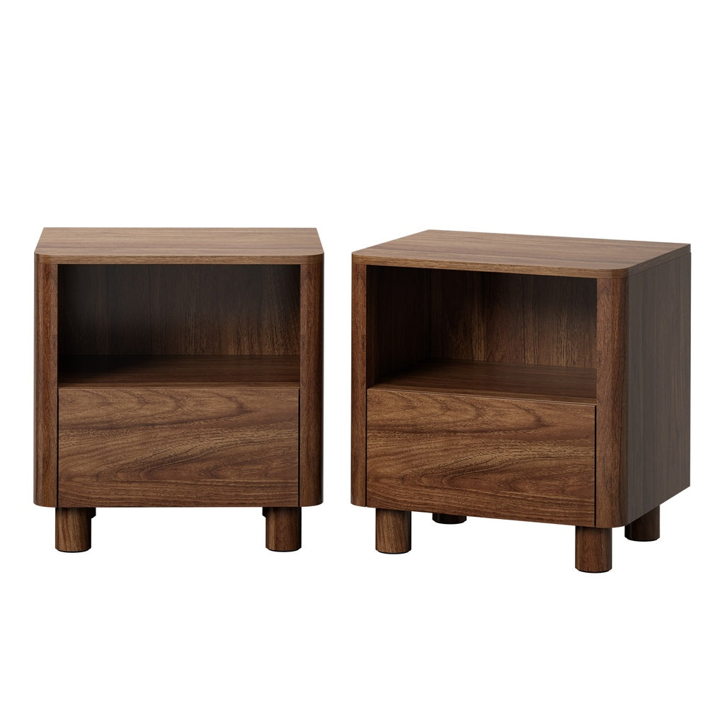Oikiture 2pc Bedside Table One Drawer Open Shelf Handle-Free Walnut