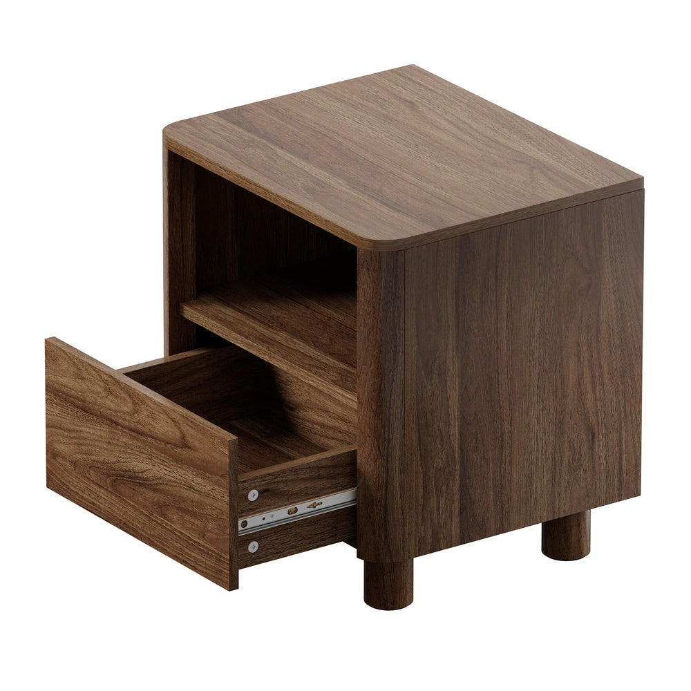 Oikiture 2pc Bedside Table One Drawer Open Shelf Handle-Free Walnut