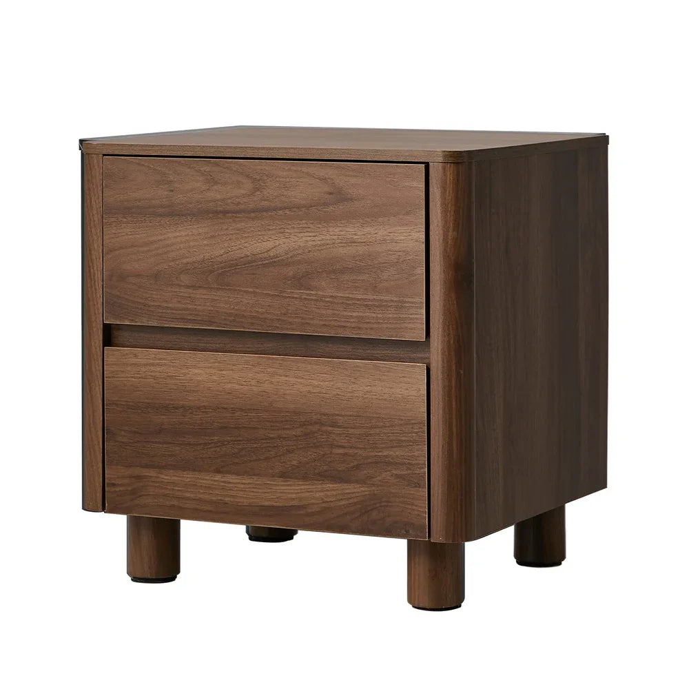 Bedside Table – 2‑Drawer Walnut, Curved Front, Gum Wood Legs, 48cm