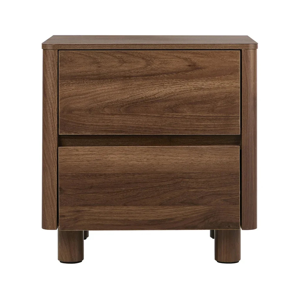 Bedside Table – 2‑Drawer Walnut, Curved Front, Gum Wood Legs, 48cm