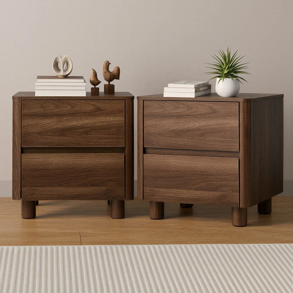 2x Bedside Table 2 Drawers Storage Cabinet Nightstand Walnut