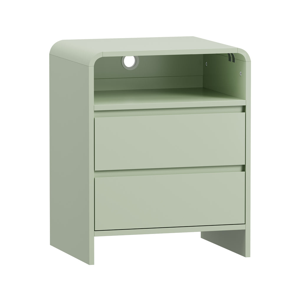 Oikiture Bedside Table 2 Drawers Open Shelf Handle-Free Green Nightstand