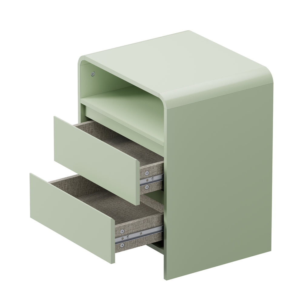 Oikiture Bedside Table 2 Drawers Open Shelf Handle-Free Green Nightstand