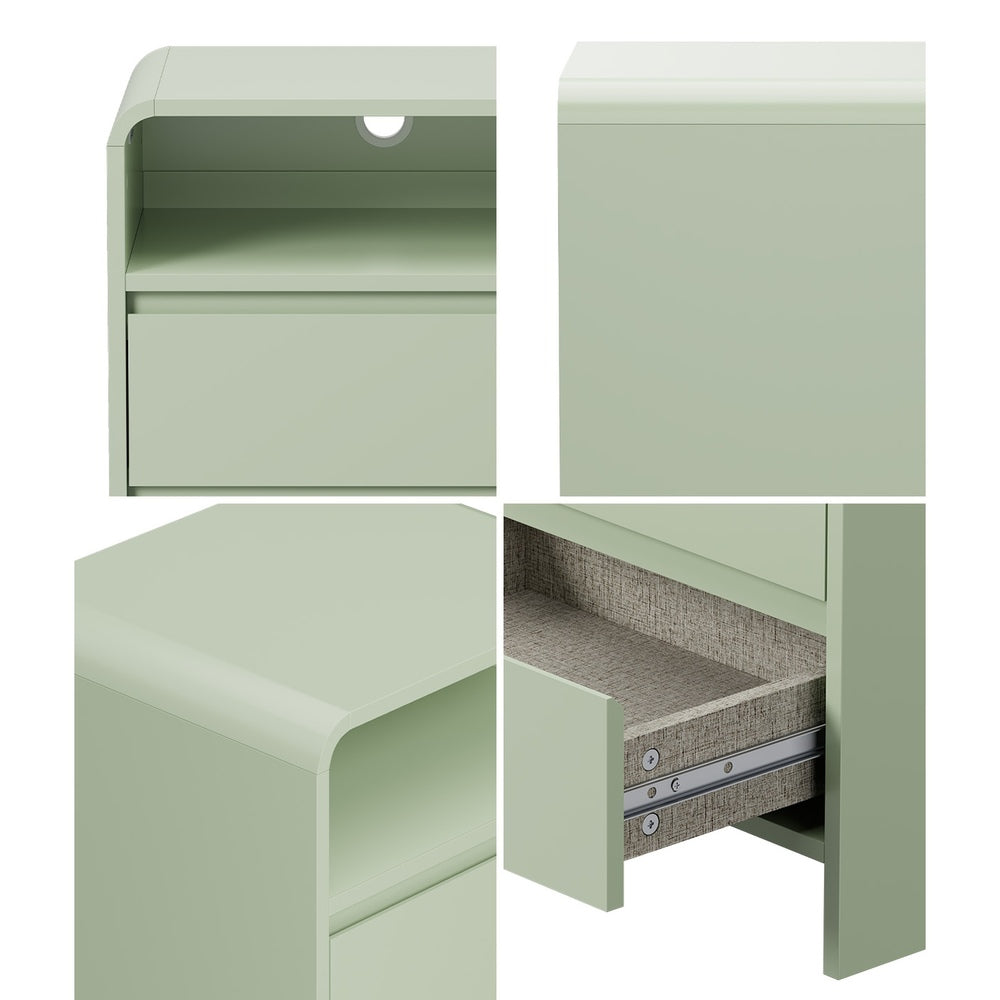 Oikiture Bedside Table 2 Drawers Open Shelf Handle-Free Green Nightstand